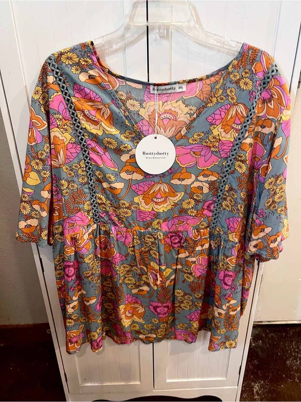 Rustty Dustty Floral V-Neck Peasant Blouse — Pink & Orange on Slate Blue